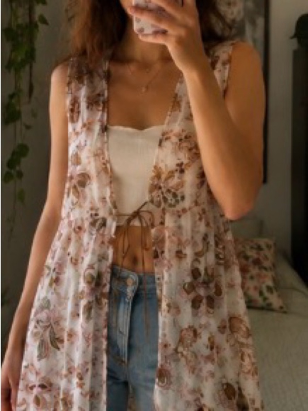 Boho Sheer Floral Tie Front Duster Vest Kimono Sleeveless Size Large Cottagecore